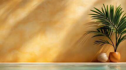 Obraz premium A serene corner featuring lush greenery against a warm yellow wall, creating a tranquil atmosphere perfect for relaxation and rejuvenation in any living space.
