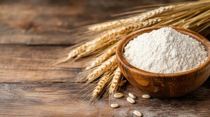 A rustic scene featuring wheat flour in a wooden bowl and stalks of wheat, emphasizing the fundamental ingredient in baking and the simplicity of nature.