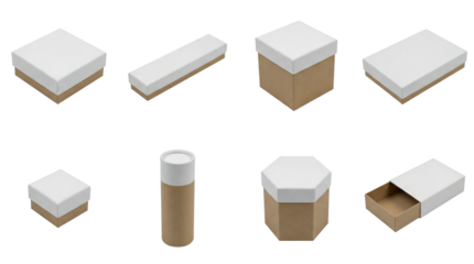 Cardboard packaging box set including square, rectangular, hexagonal, tube, and sliding drawer styles isolated. Eco friendly paper container collection.