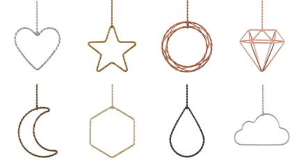 Minimalist wire ornament set including heart, star, circle, diamond, moon, hexagon, drop, and cloud shapes isolated. Decorative metal craft and jewelry collection.