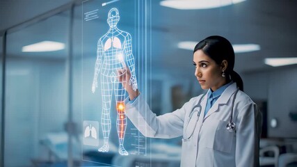 Indian female doctor interacting with futuristic holographic human anatomy display. AI-powered smart healthcare, digital diagnosis, biometric data analysis, and advanced medical monitoring technology. - Powered by Adobe