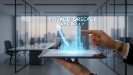 Businessman hand holding digital tablet with market forecast city hologram and real estate finance growth graph trend analysis investment data trading economy insight - Powered by Adobe