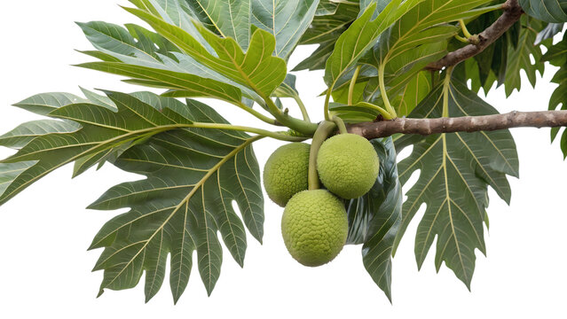 Vibrant green breadfruit cluster with large lobed leaves on a tree branch