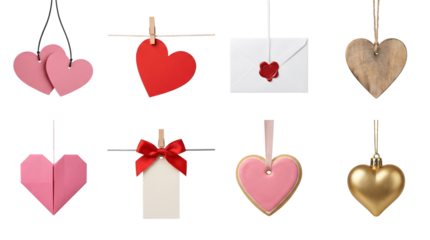 Heart ornament and stationery set including paper, wooden, cookie, envelope, and metallic variants. Valentine day and romantic celebration elements.