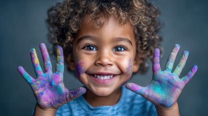 Happy child with colorful hands smiles at the camera after a fun art project