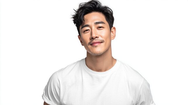 Handsome Asian man with a stylish haircut smiles at the camera on a white background