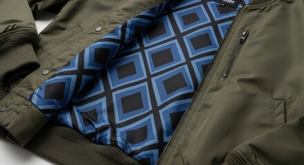 Close up view of an open olive drab bomber jacket revealing a blue geometric patterned lining