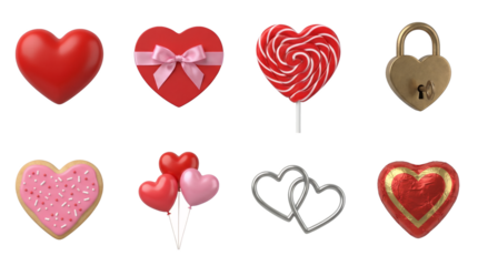 Heart shaped holiday object set including red heart, gift box, lollipop, lock, cookie, balloons, rings, and chocolate candy isolated. Valentines day and romantic celebration elements.