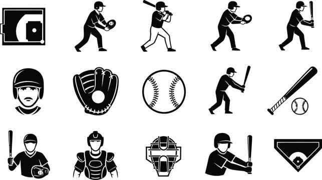 Baseball player silhouette illustrations and equipment