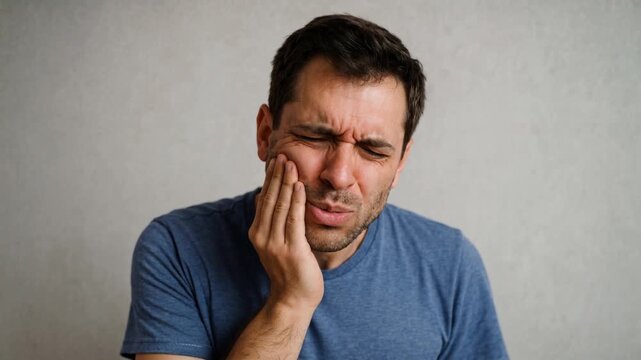 Man suffering from severe toothache holding jaw in pain. Dental health emergency and oral hygiene issues. Close-up handheld shot.
