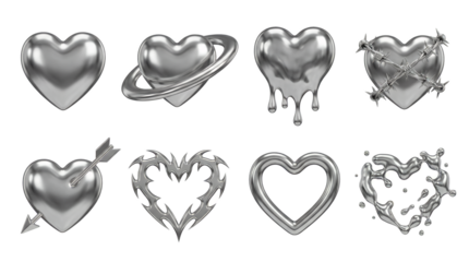 Metallic silver heart set including liquid, barbed wire, orbital ring, and tribal styles isolated. Romantic chrome element collection for edgy graphic design.