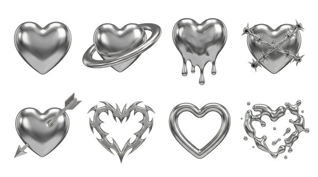 Metallic silver heart set including liquid, barbed wire, orbital ring, and tribal styles isolated. Romantic chrome element collection for edgy graphic design.