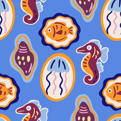 Fototapeta premium Hand drawn Mediterranean sea life seamless pattern with seahorse jellyfish and fish in paper cutout style for textile and surface design