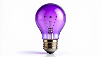 Purple incandescent light bulb with visible filament on white background
