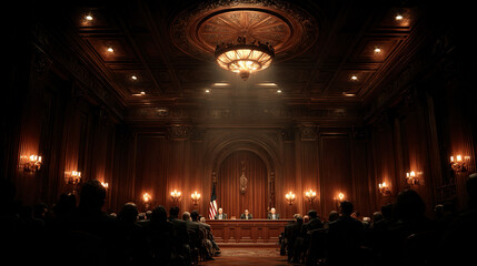 Obraz premium AI ethics hearing scene showing formal review representing governance justice system professionalism courtroom environment controlled lighting