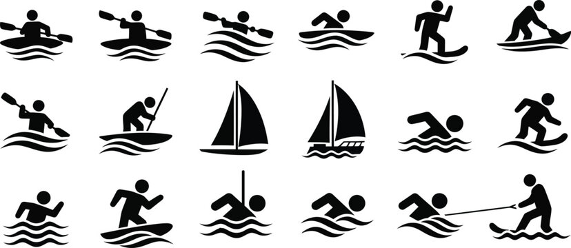 Water sports silhouette icons set for designers and developers silhouette