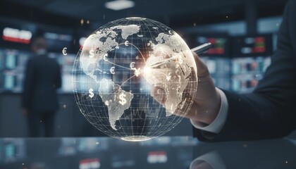 Businessman using stylus on holographic globe with currency icons and financial charts, visualizing global economic connection, forex trading strategy, and international investment data concept.