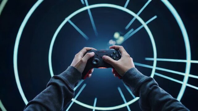 Esports player hands using wireless controller during intense gaming session. Close-up shot with glowing circular background.