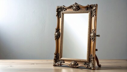 Ornate gold framed mirror on wooden surface