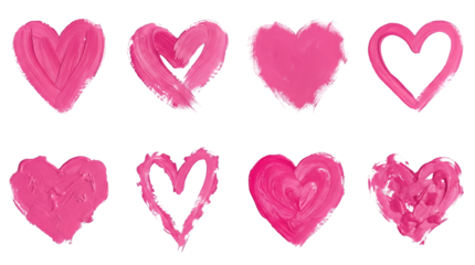 Pink painted heart set including brush stroke, textured, hand drawn, and smear variations isolated. Romantic design elements for valentines and wedding decor.