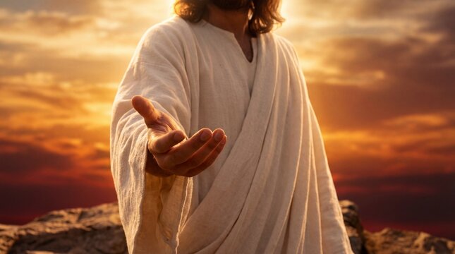 Man in white robe offering help with outstretched hand. Jesus Christ figure on mountain during sunset for religious teaching.