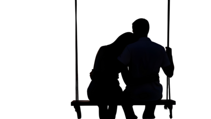 Black silhouette of young romantic couple hugging and sitting on swing isolated PNG with Transparent Background