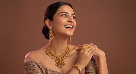 Happy Indian Woman Wearing Traditional Gold Temple Jewelry - Festive Fashion and Beauty Concept
