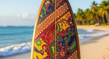 Ornate wooden batik water sport board rests upright on a sandy tropical beach foreground with ocean waves and palm trees in the background