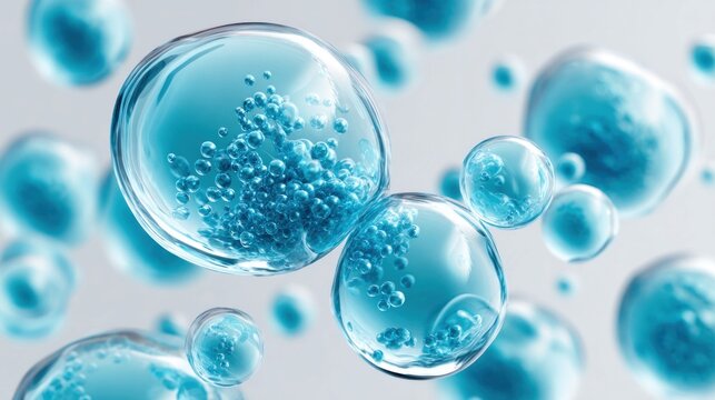 Abstract macro shot of blue water bubbles with smaller spheres inside