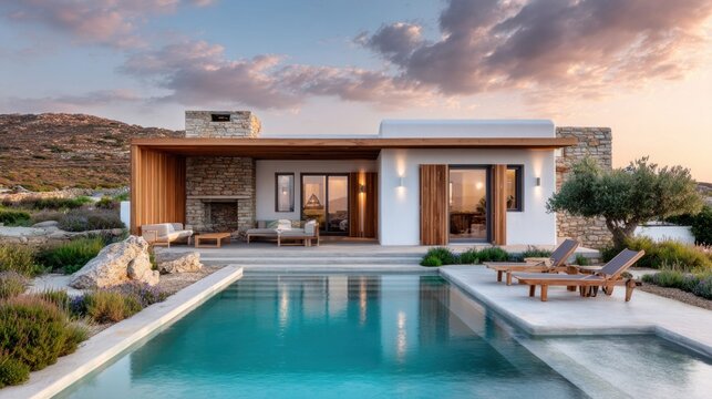 Luxury villa with a pool and stunning sunset views in a coastal paradise