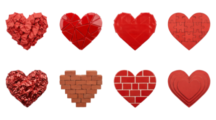 Red heart shape collection including crumpled paper, geometric plastic, duct tape, puzzle, foil, brick, tile, and cardboard textures isolated. Creative love symbol set.