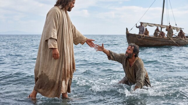 Man reaching for hand in water with savior in background. Religious concept of Jesus saving Peter from drowning. Faith and redemption.