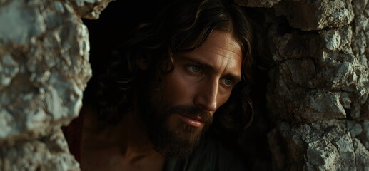 Man with long hair and beard emerging from a stone tomb. Jesus Christ a religious figure. Biblical concept, Easter theme.