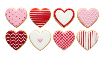 Heart shaped cookie set including decorated biscuits with various red and pink icing patterns isolated. Valentine's day dessert and holiday baking collection.
