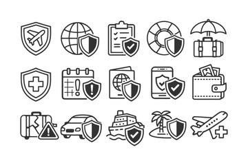 Obraz premium Travel and insurance icons: plane, passport, car, wallet, globe, suitcase.