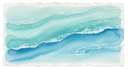 Abstract watercolor painting of ocean waves in shades of turquoise and blue with white foam isolated on transparent background