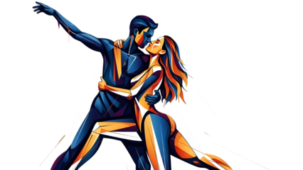 Dynamic artistic illustration of a passionate dancing couple performing a Latin dance move isolated PNG with Transparent Background