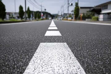 Straight Road with Fading Markings on a Quiet Street in a Suburban Area