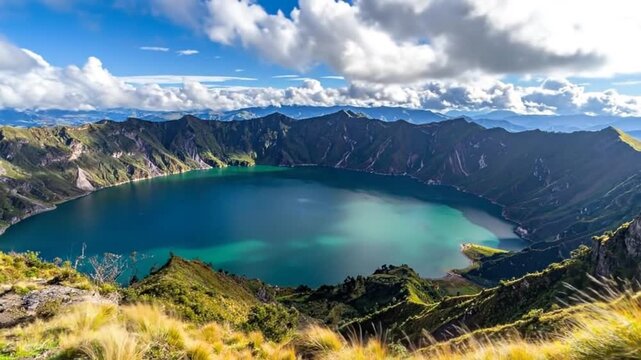 Breathtaking view of a turquoise lake nestled within a volcanic crater surrounded by mountains.