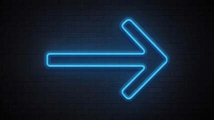 Glowing blue neon arrow sign on dark brick wall background