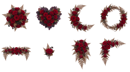 Red rose floral arrangement set including heart, wreath, crescent, bouquet, and boutonniere designs isolated. Gothic wedding and funeral flower collection.