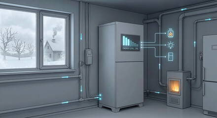 Smart energy management system monitor in utility room during low power level. Interior view of pipes and furnace distributing heat and light