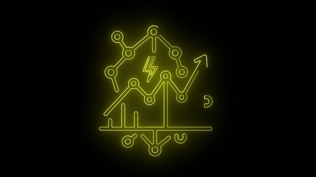Neon-lit green graph with arrows and lightning bolt on a black background with a white banner at the bottom.