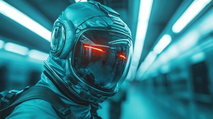 A futuristic astronaut with a reflective helmet featuring neon elements, capturing a sense of exploration and adventure in an urban landscape filled with modern technology.
