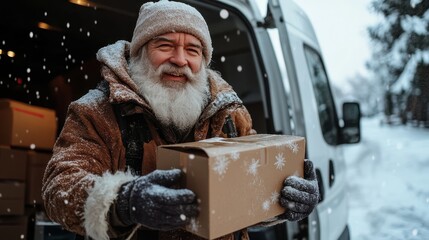 A cheerful delivery man in winter attire, smiling while holding a package, exemplifying joy and kindness during the festive season in a snowy landscape.