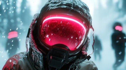 A futuristic scene depicting astronauts in a snowy, icy environment, with glowing helmet visors and a blurred background that conjures feelings of exploration and adventure.