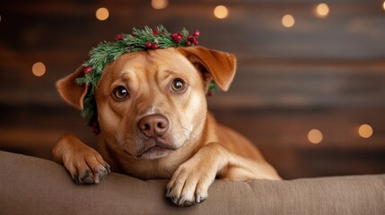 A golden-brown dog poses adorably with a festive wreath, capturing the essence of holiday spirit, love, and warmth. This image radiates joy and playfulness perfect for stock.