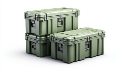 Durable green storage cases stacked on a white background, ready for transport