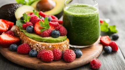 A delectable healthy breakfast featuring avocado toast topped with fresh berries accompanied by a refreshing green smoothie, perfect for health-conscious food lovers.