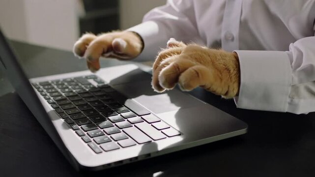 Ginger cat wearing glasses and white shirt typing on laptop in city office. Anthropomorphic pet working as software developer or accountant with skyscraper views. Medium shot with panning movement.
